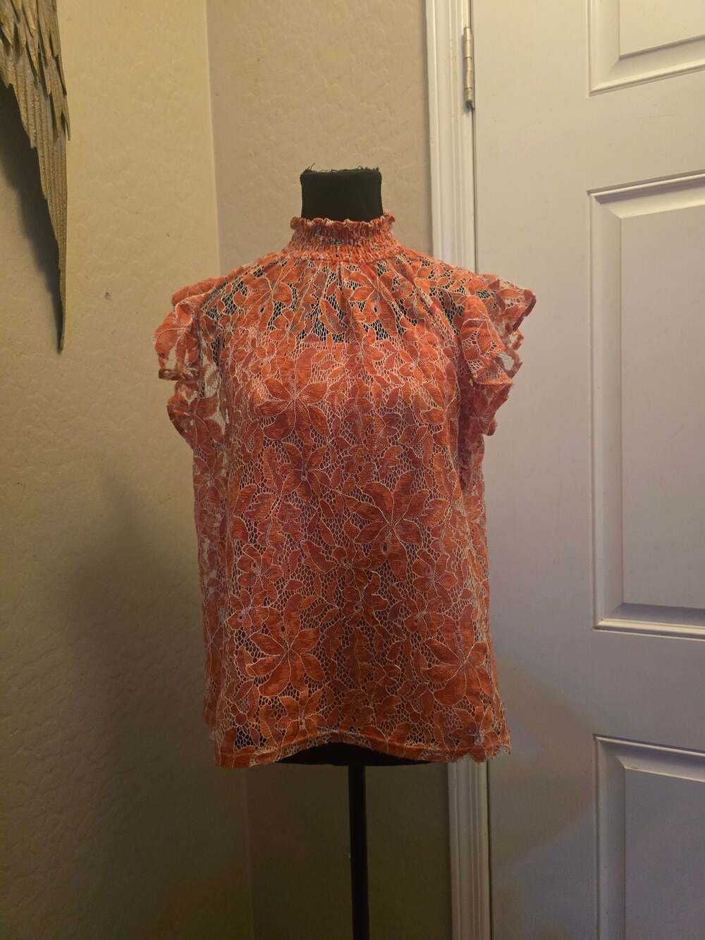 Adiva Women's‎ Orange Floral Lace Ruffle Sleeve Mock Neck Blouse Boho Romantic